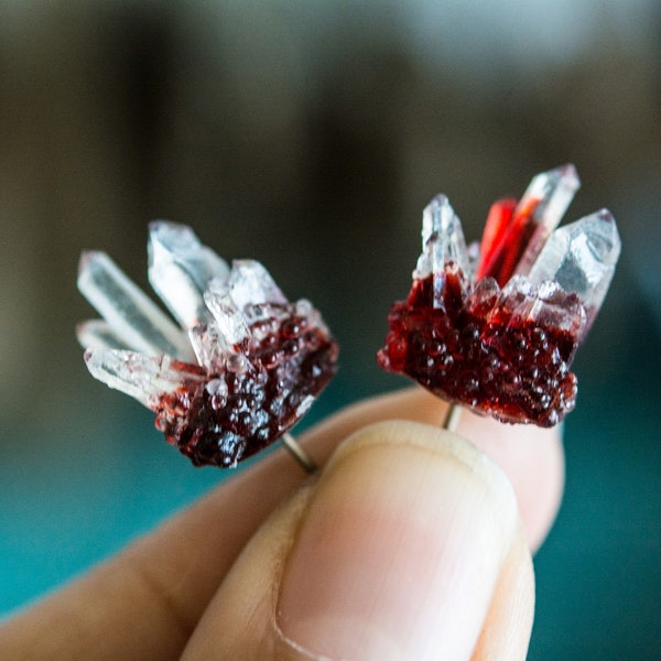 Blood in the water (Red/Clear) crystal studs, gibbous moon, fairy earrings, crystal earrings