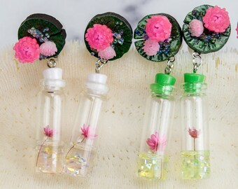 Big Glow in the Dark Water Lily Earrings with Iridescent Micro Bubbles, pond earrings, peaceful