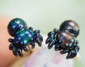 Color Changing titanium jumping spider earrings, hypoallergenic earrings, entomologist earrings