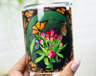 Dark Monarch Lifecycle butterfly 12 oz to go mug, stainless steel, carabiner handle/clip on mug. Travel mug, light weight