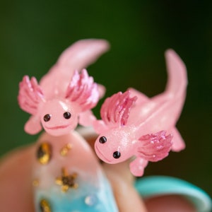Glow in the dark pink axolotl earrings, miniature animal earrings, miniatures