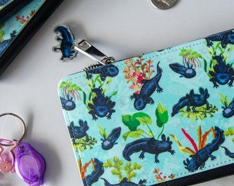 Black Axolotl Wallet, Zippered Change pocket, wallet with snaps, womens wallet, ladies wallet, large wallet