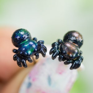 Color Changing titanium jumping spider earrings, hypoallergenic earrings, entomologist earrings