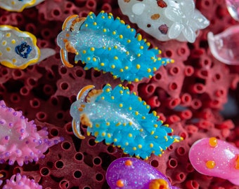 Berghia coerulescens, the anemone sea slug, Glow in the dark Nudibranch Earrings, Beach Jewelry, Gift for Diver, scuba diver earrings