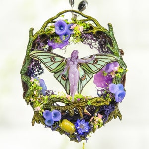 Glow in the Dark Fairy Pendant, Spanish Moon Moth (Graellsia Isabellae) Handmade miniature pendant, shadow box necklace, fairy diorama