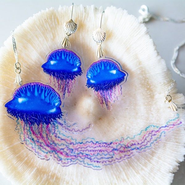 Portuguese Man O War Earrings, Statement necklace, Recycled Charms, scuba diver gift, ocean lovers earrings, animal earrings,