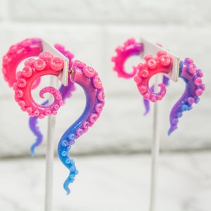 Boiling Isles Pink, Purple and a Hint of Blue Glow in the dark Faux gauge tentacles - Resin Tentacle/Octopus fake gauge earrings