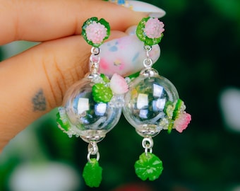 Dainty Magic Bubble Glow in the Dark Water Lily Earrings with Iridescent Micro Bubbles, pond earrings, peaceful