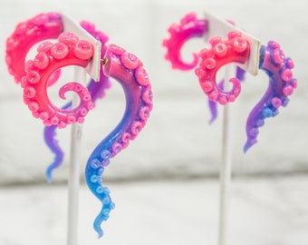Boiling Isles Pink, Purple and a Hint of Blue Glow in the dark Faux gauge tentacles - Resin Tentacle/Octopus fake gauge earrings
