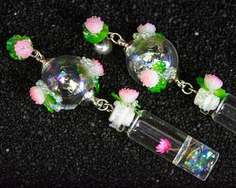 Bold Magic Bubble Glow in the Dark Water Lily Earrings with Iridescent Micro Bubbles, pond earrings, peaceful