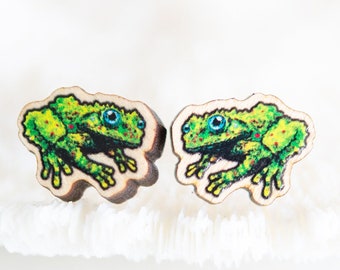 Mossy Frog, Herpetology gift, Sustainable wood jewelry, wood studs, wood pin, Eco friendly studs