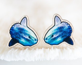 Mola Mola Earrings, Sunfish Earrings, Ocean jewelry, Sustainable wood jewelry, wood studs, wood pin, Eco friendly studs