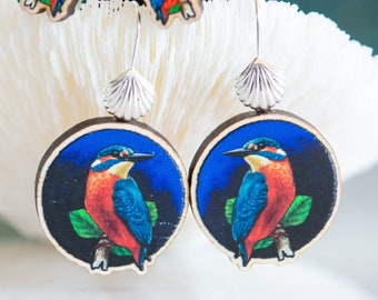 Dangling King Fisher Sustainable wood jewelry, Dangling Earrings, Necklace, Wooden lapel Pin