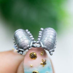Silver holographic hypoallergenic earrings, wood louse, rolly polly bug earrings, lapel pins, miniature figures, pendants