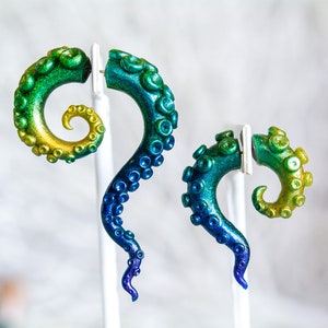 Peacock Fake Gauge Tentacles, Gold, green, blue, purple, faux gauge Mermaid Earrings, Siren Jewelry, Octopus Earrings,Diver gift image 1