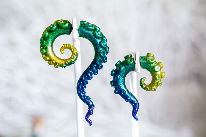 Peacock Fake Gauge Tentacles, Gold, green, blue, purple, faux gauge Mermaid Earrings, Siren Jewelry, Octopus Earrings,Diver gift image 1