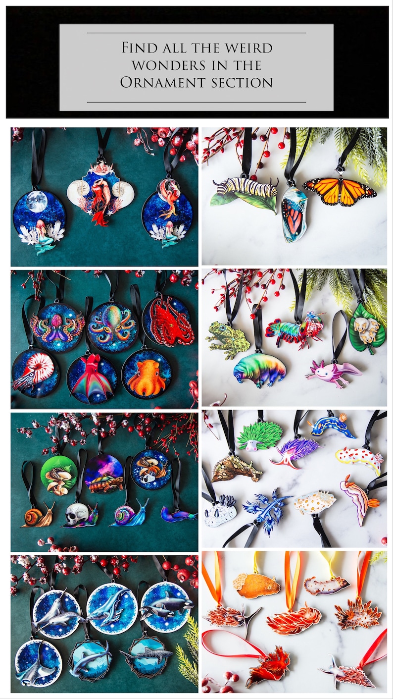 Puede incluir: Una colecci&oacute;n de adornos redondos y de formas &uacute;nicas con cintas negras. Los adornos presentan diversas criaturas marinas, insectos y temas fant&aacute;sticos. El texto "FIND ALL THE WEIRD WONDERS IN THE ORNAMENT SECTION" est&aacute; en la parte superior.