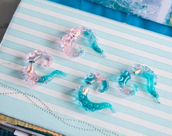Pale Peach and Blue - Resin Tentacle/Octopus fake gauge earrings, Mermaid Earrings