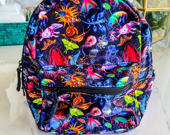 Mini Wild Fauna Backpack! Water resistant back pack, Axolotl, insects, octopus, nudibranch, ecological back pack
