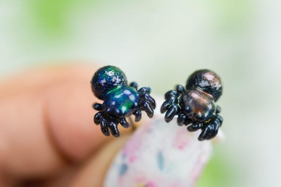 Color Changing titanium jumping spider earrings, hypoallergenic earrings, entomologist earrings, lapel pins, miniature figures, pendants