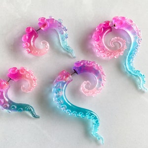 New Peachy Pale Island Dreams, Peachy Pink, Purple and Blue - Resin Tentacle/Octopus fake gauge earrings, Mermaid Earrings