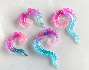 New Peachy Pale Island Dreams, Peachy Pink, Purple and Blue - Resin Tentacle/Octopus fake gauge earrings, Mermaid Earrings