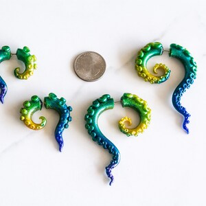 Peacock Fake Gauge Tentacles, Gold, green, blue, purple, faux gauge Mermaid Earrings, Siren Jewelry, Octopus Earrings,Diver gift image 3