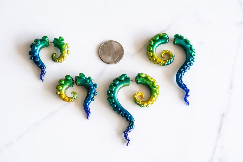 Peacock Fake Gauge Tentacles, Gold, green, blue, purple, faux gauge Mermaid Earrings, Siren Jewelry, Octopus Earrings,Diver gift image 3