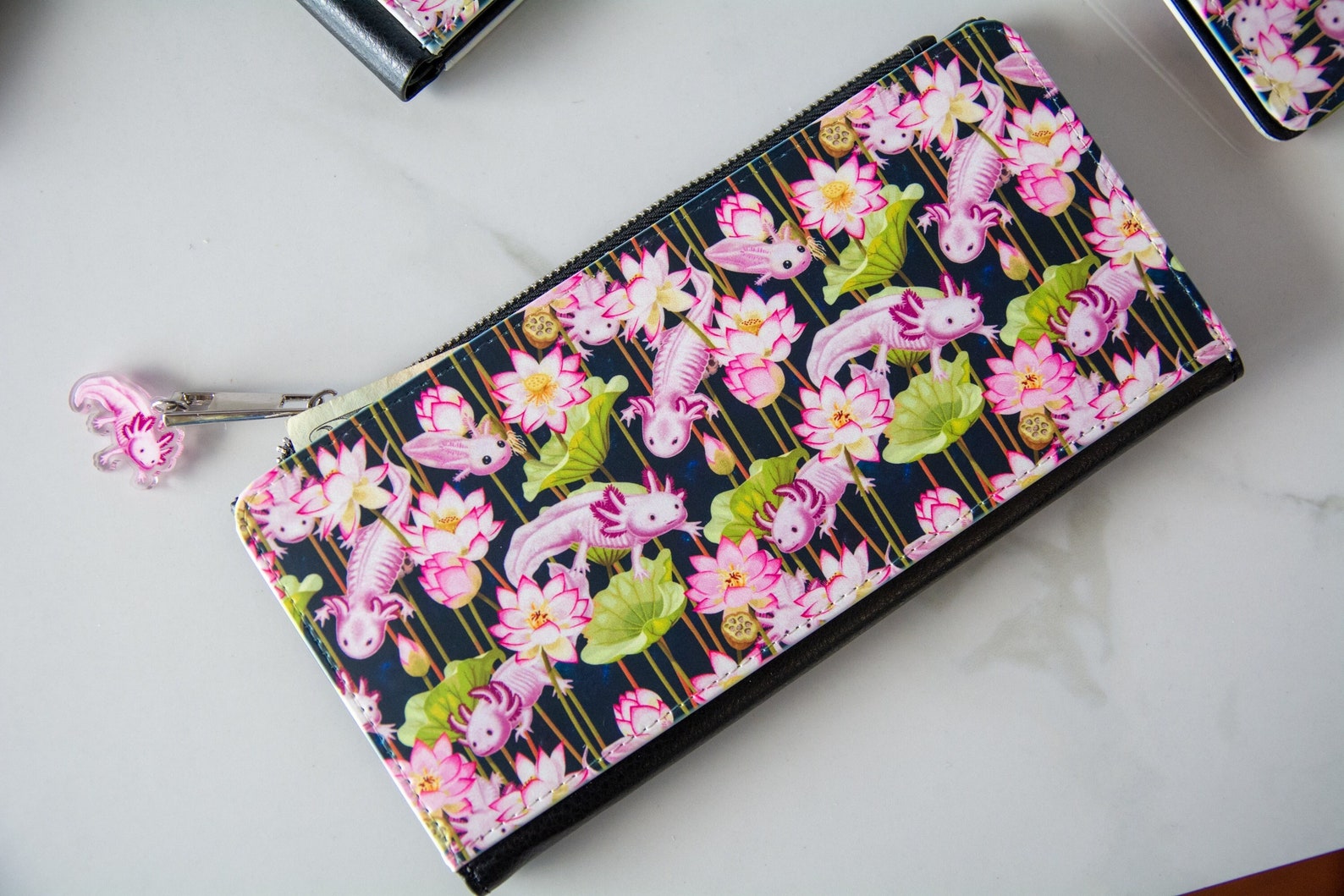 Pink Axolotl in lotus flowers- Large Wallet