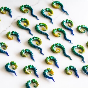 Peacock Fake Gauge Tentacles, Gold, green, blue, purple, faux gauge Mermaid Earrings, Siren Jewelry, Octopus Earrings,Diver gift image 8