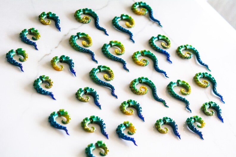 Peacock Fake Gauge Tentacles, Gold, green, blue, purple, faux gauge Mermaid Earrings, Siren Jewelry, Octopus Earrings,Diver gift image 8