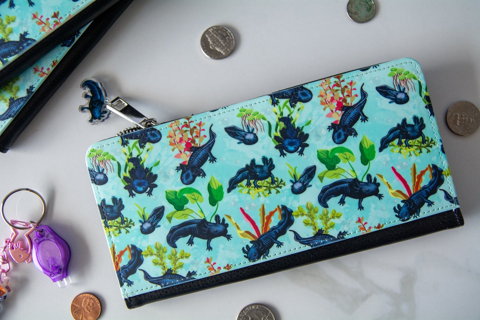 Black Axolotls in bubbly aquatic plant world, Large Wallet