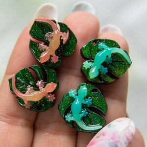 Glow in the dark gecko on monstera leaves, unique earrings, statement earrings, herptology, animal earrings, animal gift, pendants