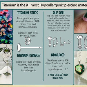The image is an infographic that provides information about the hypoallergenic properties of titanium, including its use as hypoallergenic piercing material, studs, and dangles. It also showcases various pieces of jewelry made with titanium, such as studs, clips, and necklaces, highlighting their hypoallergenic properties.