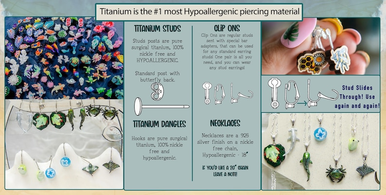 The image is an infographic that provides information about the hypoallergenic properties of titanium, including its use as hypoallergenic piercing material, studs, and dangles. It also showcases various pieces of jewelry made with titanium, such as studs, clips, and necklaces, highlighting their hypoallergenic properties.