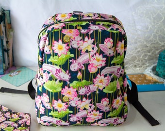 Pink Axolotl and lotus (Mini+) Backpack! Canvas back pack, salamander bag, ecological back pack