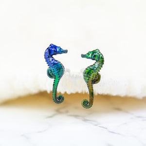 Tiny Color Changing sea horses, on Titanium, hypoallergenic earrings,  scuba diver gift, lapel pins, miniature figures, pendants