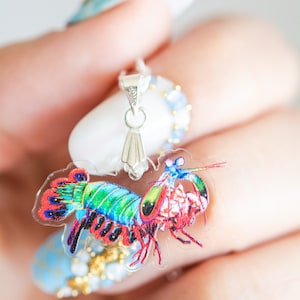 Peacock Mantis Shrimp Recycled Charms,scuba diver gift, shrimp earrings, shrimp necklace, image 3