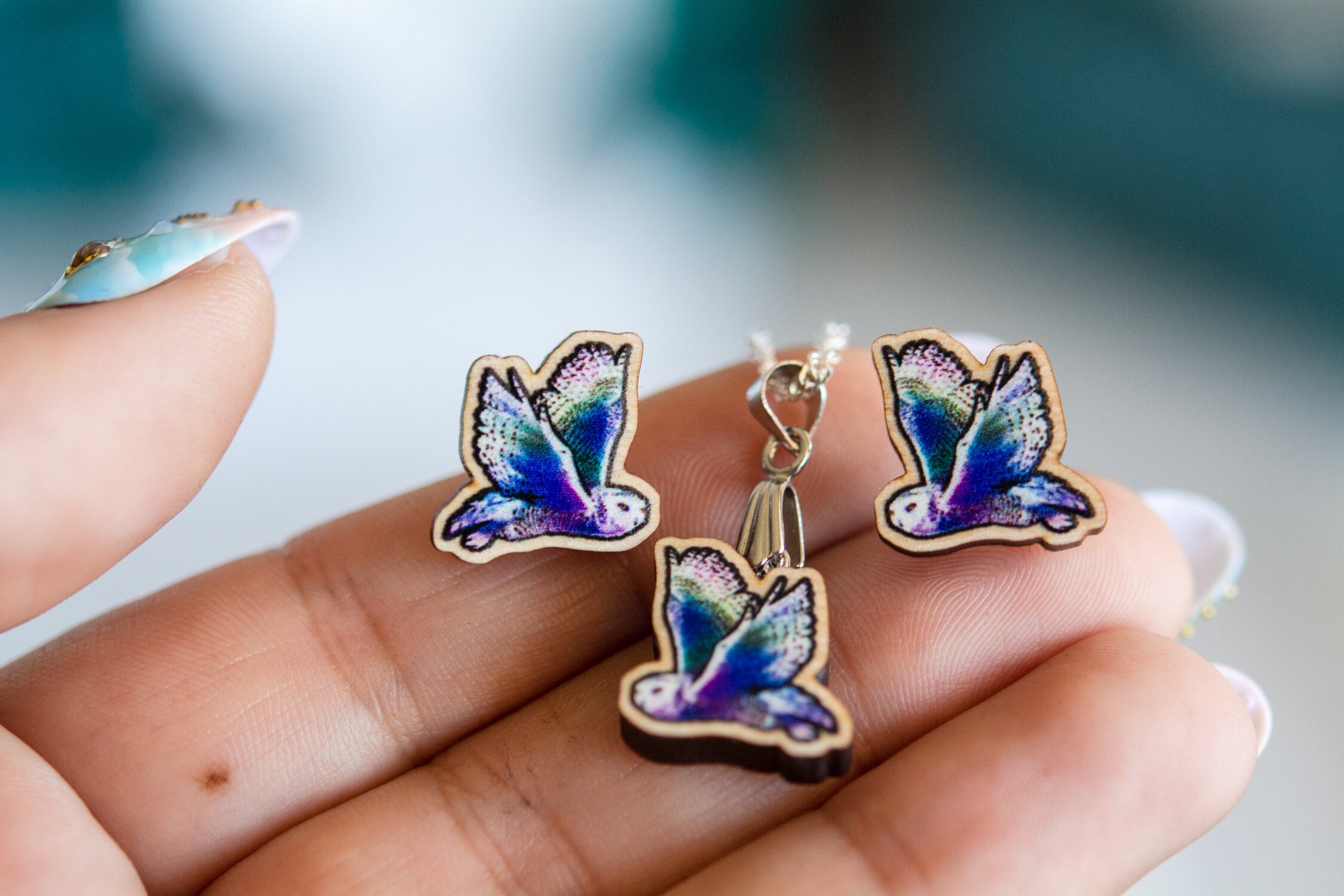 Rainbow Snowy Owl Studs: Sustainable Wood Pin, Eco-Friendly Jewelry