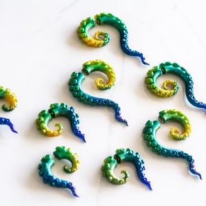 Peacock Fake Gauge Tentacles, Gold, green, blue, purple, faux gauge Mermaid Earrings, Siren Jewelry, Octopus Earrings,Diver gift image 7
