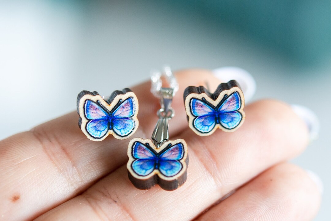 Pendientes de mariposa azul de encanto Joyería de - Etsy España