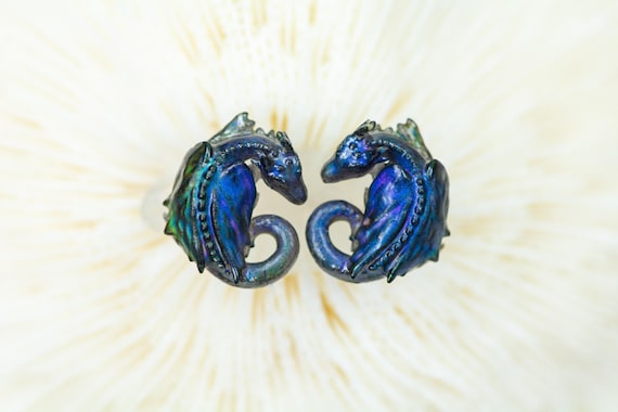 Rainbow Mood Color Changing Sleeping dragon earrings on Titanium, hypoallergenic earrings,  scuba diver gift, lapel pins, miniature figures
