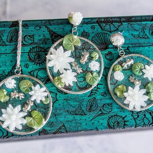 Glow in the dark Lotus blossom Lily Pad Pond, Pond Necklace,  Dangle and drop earrings, bohemian earrings, pond jewelry, pond life