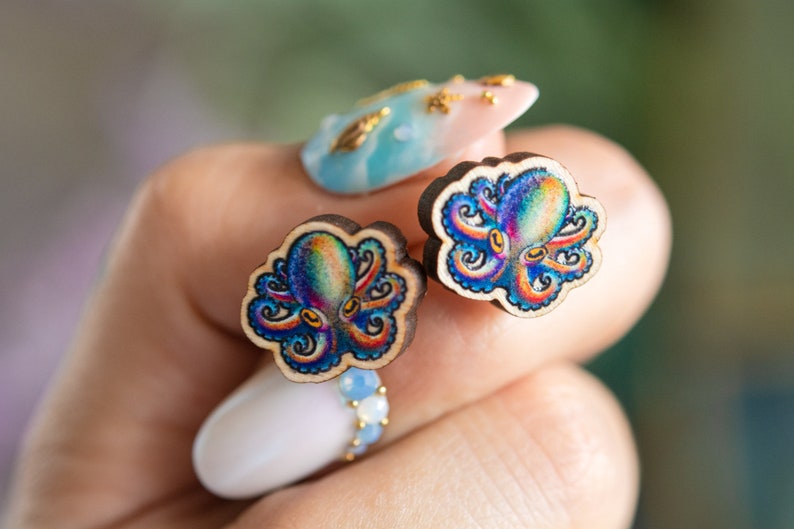 wood studs Tiny rainbow Octopus Sustainable wood jewelry Eco friendly studs wood pin