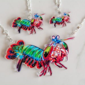 Peacock Mantis Shrimp Recycled Charms,scuba diver gift, shrimp earrings, shrimp necklace, image 2