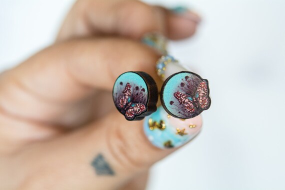 Dusty Evening Butterfly Earrings, Sustainable wood jewelry, wood studs, wood pin, Eco friendly studs