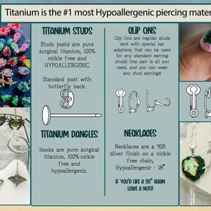 The image is an infographic that provides information about the hypoallergenic properties of titanium, including its use as hypoallergenic piercing material, studs, and dangles. It also showcases various pieces of jewelry made with titanium, such as studs, clips, and necklaces, highlighting their hypoallergenic properties.