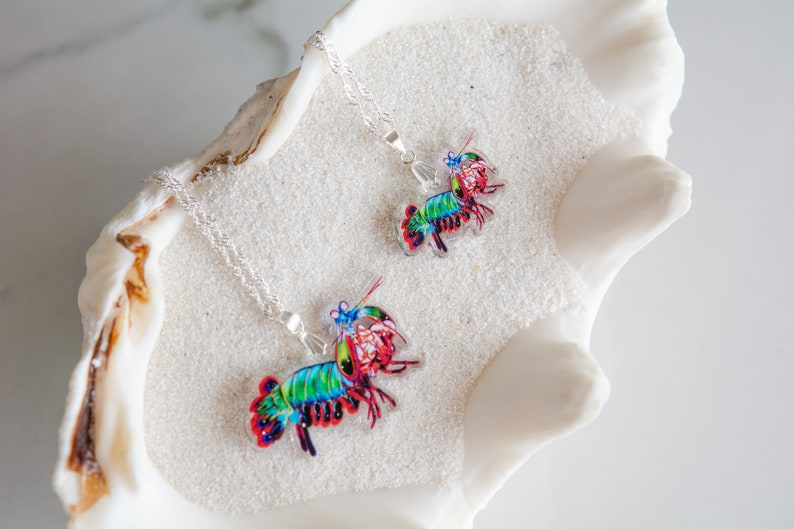 Peacock Mantis Shrimp Recycled Charms,scuba diver gift, shrimp earrings, shrimp necklace, image 4