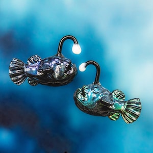 Angler fish mood color changing earrings, marine biologist earrings, ocean earrings, scuba diver gift, lapel pins, miniature figures