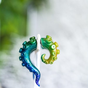 Peacock Fake Gauge Tentacles, Gold, green, blue, purple, faux gauge Mermaid Earrings, Siren Jewelry, Octopus Earrings,Diver gift image 9